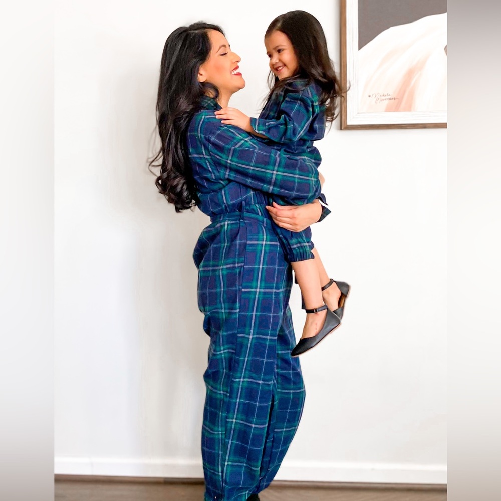 Dark green plaid lapel button down belted matching jumpsuits